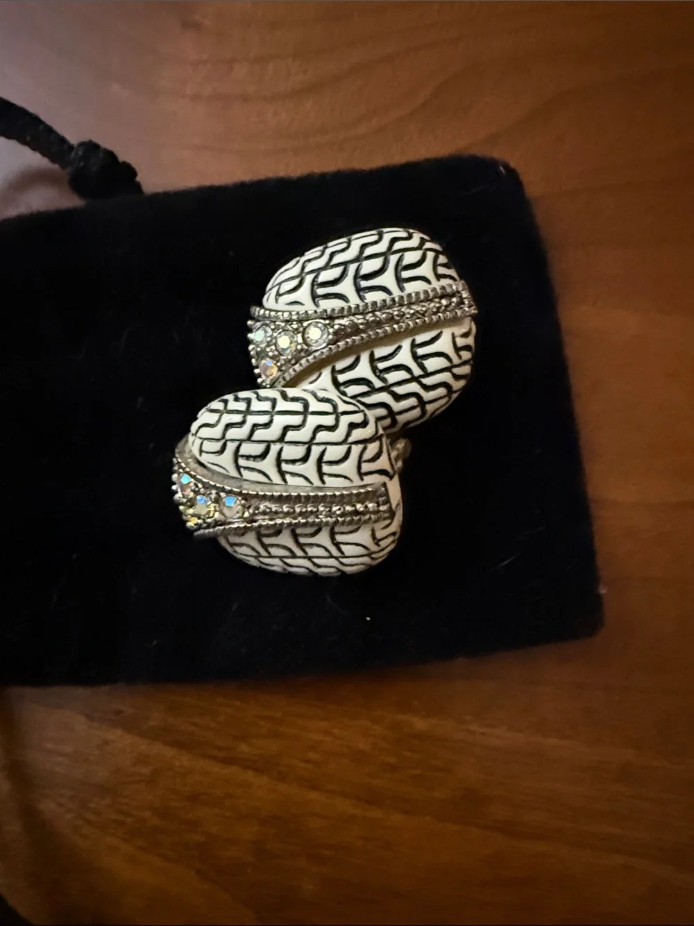 White and Black Patterned Crystal Accent Clip-On Earrings -